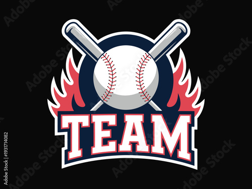 Baseball Team Logo with Baseball Ball, Crossed Bats and Flames, Dynamic Fire Sports Emblem