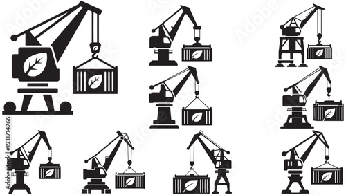 Sustainable Port Crane Lifting Container With Leaf Mark — Green Cargo Handling Icon For Low-Carbon Terminal Operations