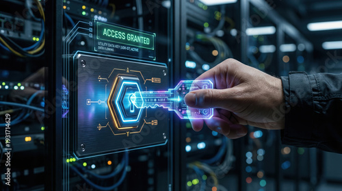 Access granted utility data analysis key holographic access key inserted into server rack unlocking secure data flow with futuristic interface