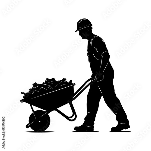 Construction Worker Pushing Wheelbarrow Industrial Labor Silhouette Vector