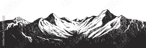 Black and White Mountain Range Illustration, Detailed Monochrome Landscape with Peaks and Forest Silhouette for Nature Logo and Adventure Design.