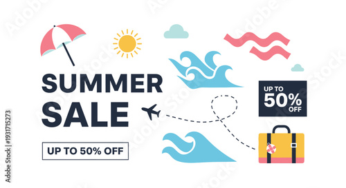 Summer sale festive discount banner design with colorful summer graphics for marketing campaign