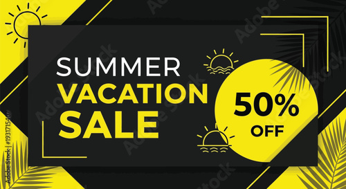 Summer sale festive discount banner design with colorful summer graphics for marketing campaign