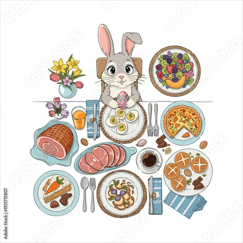 Easter bunny surrounded by delicious food on a festive table setting.