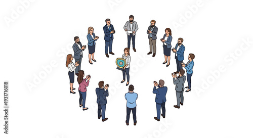 Illustration of a diverse group of business professionals standing in a circle for Employee Appreciation Day in an office setting in America, conveying a happy and celebratory mood.