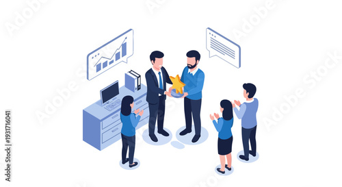 Illustration of a happy office team celebrating Employee Appreciation Day with a manager giving a recognition award in a USA office setting.