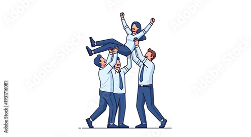 Illustration of a happy office team celebrating Employee Appreciation Day with a businessman lifted by colleagues in a joyful and professional setting.