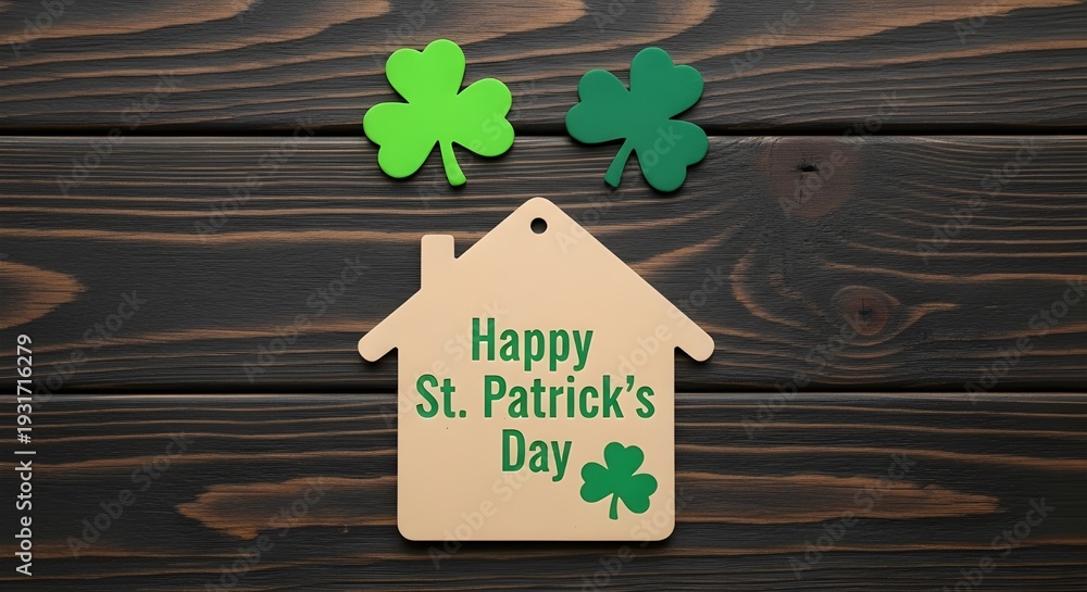Fototapeta premium St patricks day decorations with shamrocks and happy st patricks day sign on wooden background