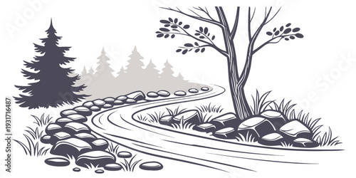 Forest Stream Flowing Over Stones Minimal Flat Illustration on White Background 