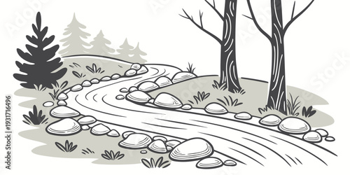 Forest Stream Flowing Over Stones Minimal Flat Illustration on White Background 
