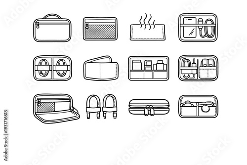 Pouch appearance inner detail portable icon outline vector proportions tech tidy breathable