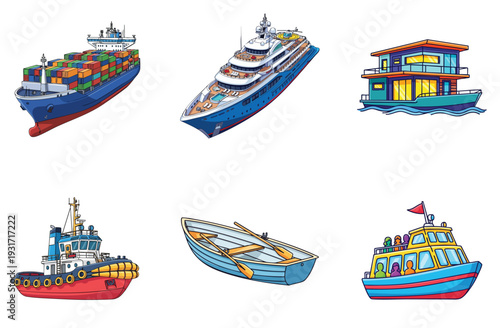 Collection of various water vessels includes large container ship, luxury superyacht, modern houseboat, sturdy tugboat, classic rowboat with oars, and vibrant tourist boat filled with people