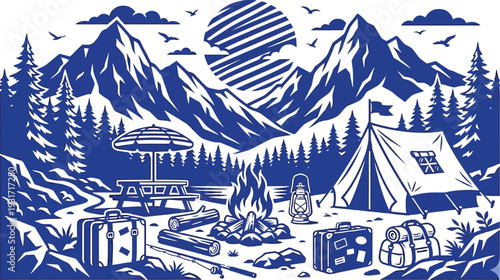 Camping Paradise: A serene illustration of a campsite nestled in a mountainous landscape, evoking a sense of adventure, relaxation, and the beauty of outdoor living.
