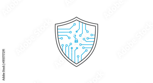 Conceptual representation of cybersecurity and data protection with shield and circuit