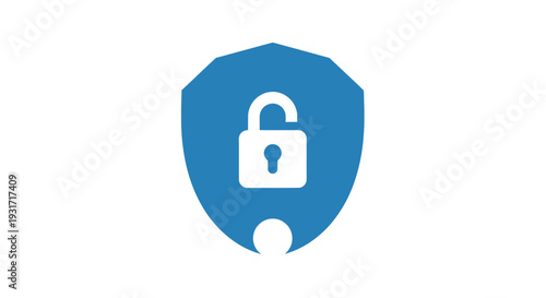 Data protection icon featuring an open padlock symbol within a blue security shield