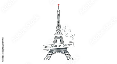 Eiffel Tower Illustration with Banner and Birds.
