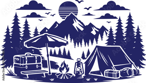 Adventure's Call: Illustration captures the spirit of exploration and the serenity of outdoor living. Envision the ultimate camping escape.