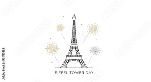 Eiffel Tower Illustration with Fireworks Display.