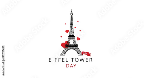 Eiffel Tower Illustration with Red Hearts and Ribbon.