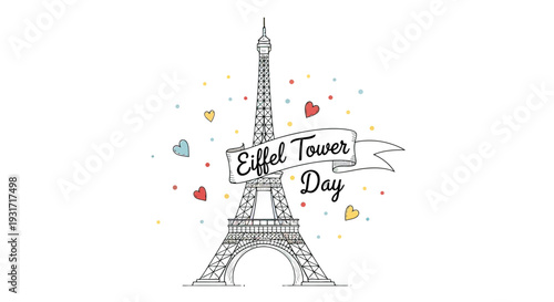 Eiffel Tower Illustration with Ribbon Banner.