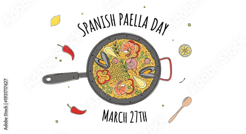 Paella Dish in Frying Pan Illustration.