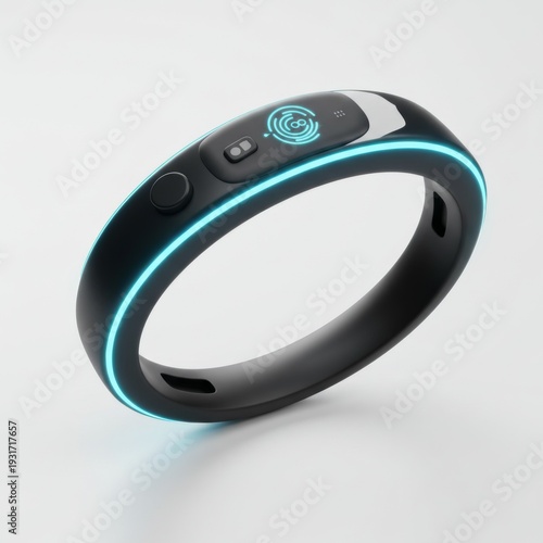 Black Smart Ring Wearable Device with Blue Light on a White Background Studio Shot