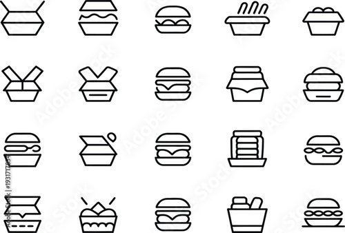 Black and white icons of different food containers and packaging