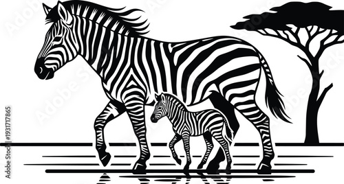 Zebra Family in the Savannah: A captivating monochrome portrayal of a mother zebra and her foal traversing the vast African savannah, embodying the enduring bonds of family and the spirit of the wild.