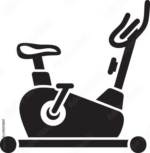 An illustration of a stationary exercise bike viewed from the side in a fitness environment