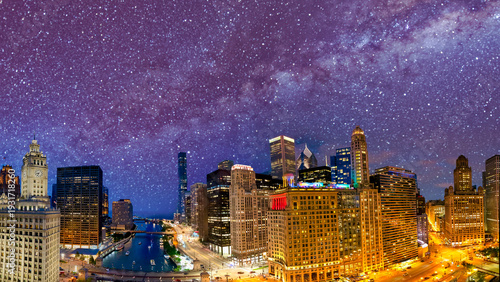 Wallpaper Mural Stars over Chicago. Aerial view of Chicago night skyline. Skyscrapers over Chicago River, Illinois Torontodigital.ca