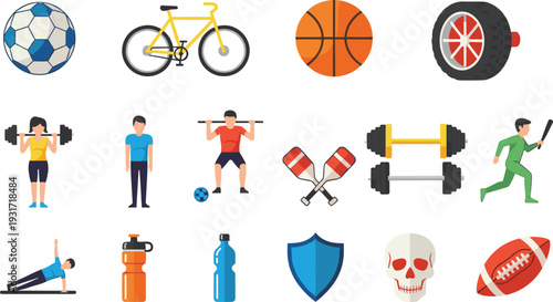 Sports and Fitness Icon Set with Football Basketball Bicycle Dumbbell Athletes Water Bottle Shield and Training Equipment Collection.