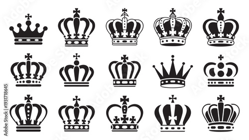 Set of black crowns with crosses isolated on white background, design element for logo or emblem