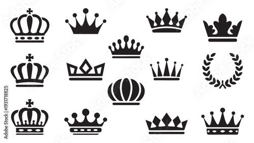 Set of twelve black crown icons isolated on a white background, collection of various royal symbols