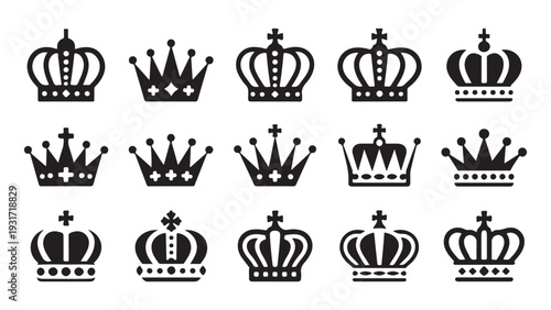 Set of fifteen black crown icons isolated on a white background, collection of various royal symbols