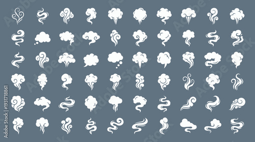 Large set of white smoke steam and cloud icons in flat vector style isolated on grey background, concept for culinary graphics, weather interface design and comic illustration
