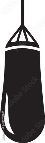 A black punching bag hangs from a rope, isolated on a plain background, viewed from the side.