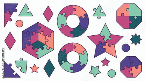 Colorful geometric puzzle shapes including star hexagon and circle icons isolated on white background, concept for logical problem solving, business collaboration and educational strategy presentation