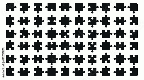 Various black jigsaw puzzle piece silhouettes collection arranged in a grid pattern on white background, concept for logical thinking, problem solving and business strategy development