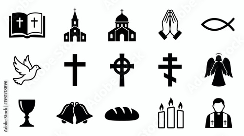 Collection of various christian religious icons and holy symbols in black silhouette style, concept for church branding, religious education and digital graphic design projects
