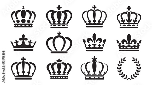Set of twelve black crown icons isolated on a white background, collection of various royal symbols