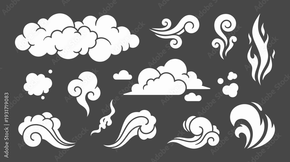 Fototapeta premium Set of white stylized cloud, wind, smoke and water wave icons isolated on dark background, concept for weather illustration, nature interface design and comic book assets