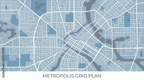 Top view metropolis city grid plan illustration showing urban streets and river blocks in flat blue aesthetic colors, concept for urban development, infrastructure planning and architectural design