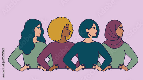 Diverse group of female corporate executives and managers standing together in a confident power pose, concept for professional empowerment, workplace diversity and international women's day