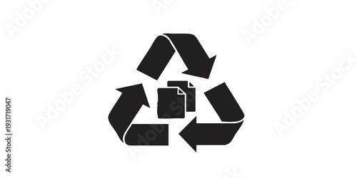 Minimal flat vector icon of recycling paper symbol, solid black silhouette, clean simple design, monochrome, isolated on white background.