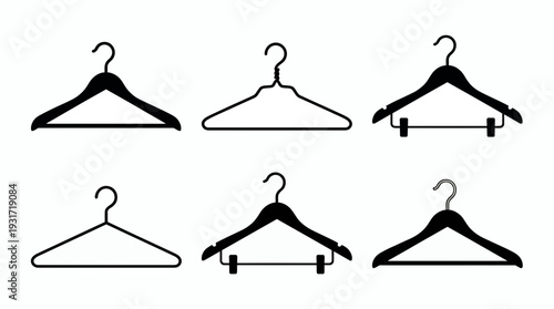 Collection of various black silhouette clothes hanger icons in different styles isolated on white background, concept for fashion retail display, laundry service and wardrobe organization