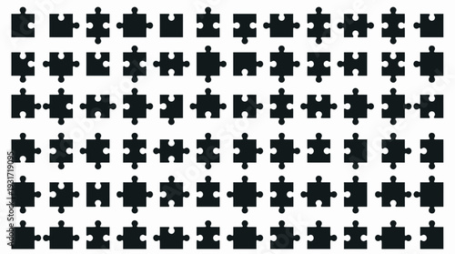 Large set of various black jigsaw puzzle piece silhouettes in different shapes isolated on white background, concept for logical problem solving, team collaboration and strategic planning