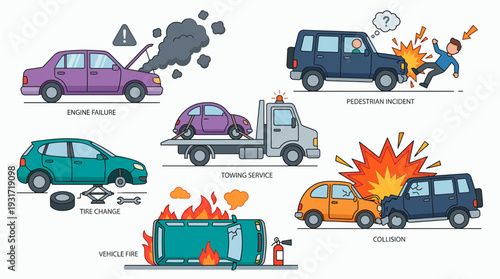 Vector illustration set showing various car emergency situations like engine failure, pedestrian accidents, fire and collision, concept for insurance, roadside assistance and road safety
