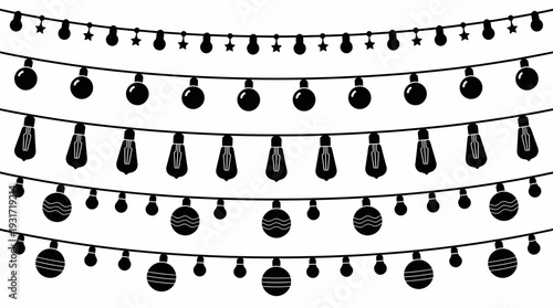 Silhouette of diverse hanging light string garlands with bulb shapes like stars and edison lamps on a white background, concept for festive decoration, event planning and holiday design