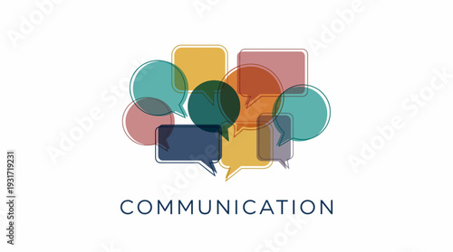 Colorful overlapping speech bubbles in various shapes on a clean white background with communication text, concept for social media networking, business team collaboration and digital marketing