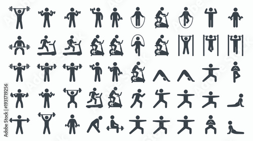 Collection of gym and fitness exercise icons featuring stick figures performing various workout routines on white background, concept for sports app design, infographic and training promotion